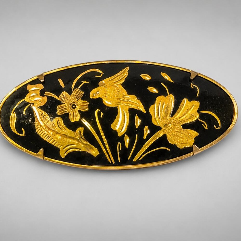 Vintage Bird & Flowers Damascene Brooch Pin 1.75" Black Oval Floral ab1-36